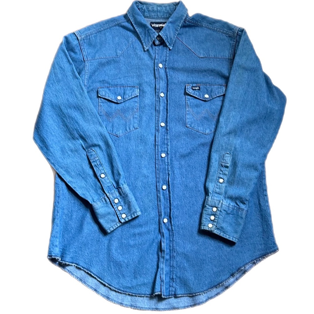 Vintage 80’s Wrangler Long Sleeved Denim Pearl Snap Western Shirt Sz 17x33 | XL